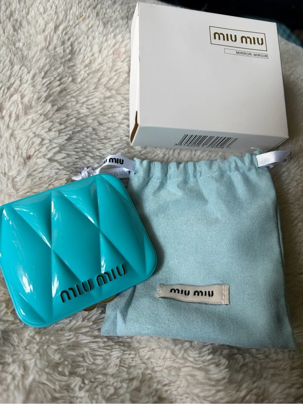 NIB Miu Miu Quilted Compact Mirror turquoise teal GWP Set